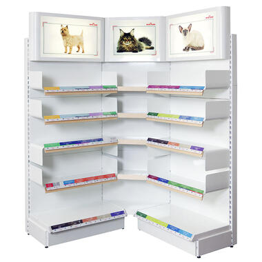 set of racks with lightboxes (topper with  image and lightning)for goods for animals for veterinary clinics